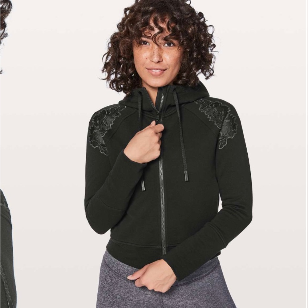 Lululemon Embroidered To You black hoodie floral lace patch